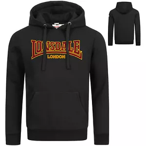 Lonsdale Black Hoodie Classic Flock Print Hooded Sweatshirt Slim-Fit Hoodie - Picture 1 of 7