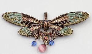Vintage Enameled Cloisonne Butterfly Brooch/Pendant W/Rhinestones & 3 Beads - Picture 1 of 15