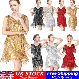 Womens V Neck 1920s Sequin Fringe Flapper Tango Latin Dance Dress Party Costume~ - Picture 1 of 25