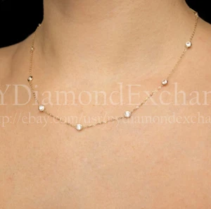 3CT Created Diamond By Yard Station Necklace 14k Yellow Gold Bezel Chain 16" - Picture 1 of 4