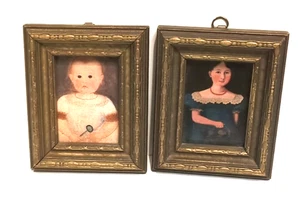 Primitive Folk Art Reproduction Frame Wood Child Rattle Young Girl Blue 4.5x5 - Picture 1 of 9