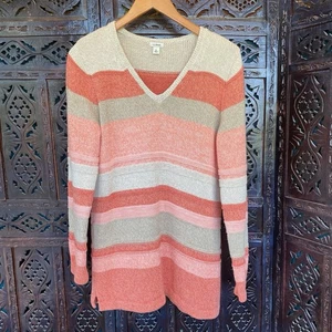 Suéter túnica a rayas LL Bean L 100 % algodón tejido grueso crema naranja otoño mujer - Imagen 1 de 14