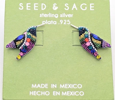 种子和鼠尾草多色玻璃和纯银蜂鸟耳钉 — 第 1/4 张图片