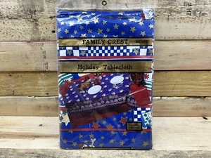 Vintage Blue Christmas Snowmen & Hats Vinyl Tablecloth Flannel Back Oblong 52x70 - Picture 1 of 3