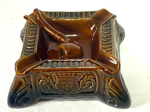 Vintage MCM Ceramic Ashtray with Face Details 5x5" Brown with Pipe Embellishment - Picture 1 of 10