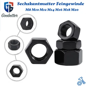Sechskantmutter Feingewinde DIN 934 Stahl Schwarz 8 Hochfest M8 M10 M12 to M20 - Bild 1 von 19