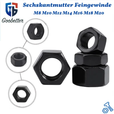 Sechskantmutter Feingewinde DIN 934 Stahl Schwarz 8 Hochfest M8 M10 M12 to M20 - Bild 1 von 4