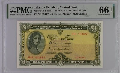 Consecutive PAIR Ireland 1 pound Lady Lavery P64d Irish 30.9.76 PMG 66EPQ UNC - Image 1 of 4