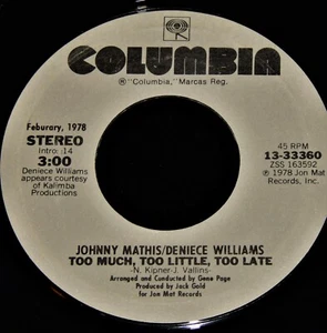 Vintage Record,JOHNNY MATHIS & DENIECE WILLIAMS: TOO MUCH TOO LITTLLE,45rpm,1978 - Picture 1 of 4