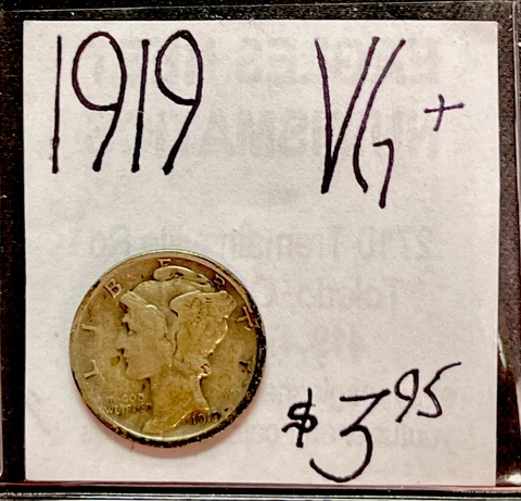 1919-P 25C Mercury Dime VG Very Good 90% Silver Cover