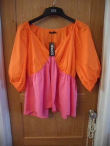TAGS ORANGE & PINK V NECK GATHER CROSS BIG SLEEVE ELASTIC SHORT SLEEVE SZ 26 - Picture 1 of 3