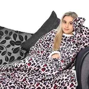 Girls Wearable Leopard Printed Snuggle Double Layer TV Blanket With Sleeves