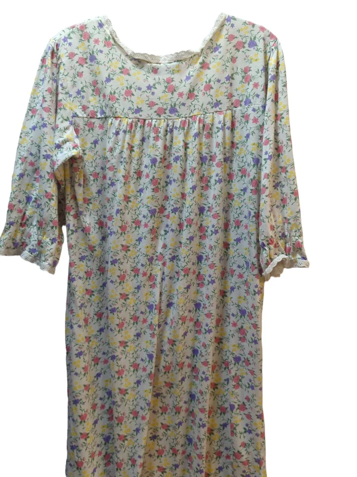 Rebecca Lynn Floral Purple pink poly cotton long nightgown lace trim Large L - Image 1 of 4