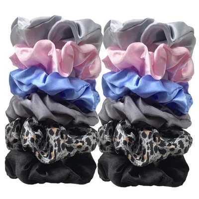 12 Pc Satin Fabric Loop Hair Rings Solid Scrunchies Elastic Hair Rope Bands - Image 1 of 4