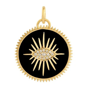 14K Yellow Gold Evil Eye Pendant Natural Diamond Protection Fine Jewelry Gift - Picture 1 of 7