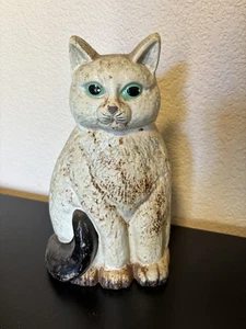 Vintage schwerer Gusseisen Katze Türstopper 9,5" creme schwarzer Schwanz grüne Augen - Bild 1 von 4