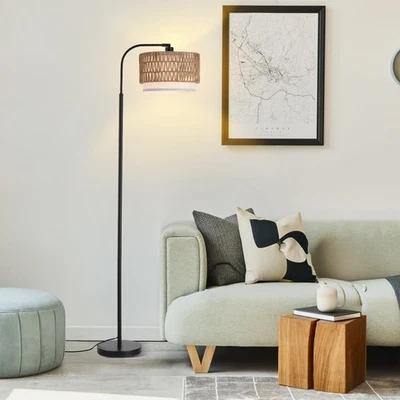Arc Floor Lamp for Living Room，Boho Standing Lamp with Rattan & Fabric Shades... - Image 1 of 4