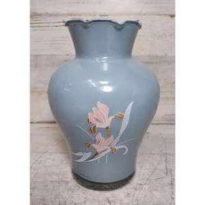 Vintage Blue Gray Reverse Painted Ruffled Top Glass Floral Flower Vase Pink Gold - Picture 1 of 10