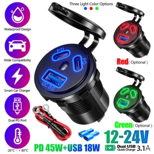 QC3.0 USB Outlet 108W 3 Ports Car Charger Socket Dual 45W PD Type C 12V/24V 18W - Picture 1 of 27