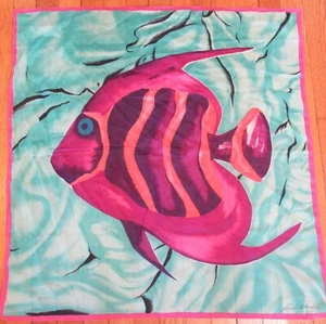 Vintage Anne Klein Angel Fish Cotton Scarf 30"X30" Turquoise Pink Purple Orange - Picture 1 of 4