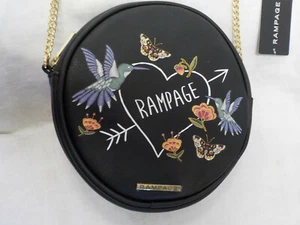 Rampage Purse NWT Black W Hummingbirds + 8" Circle Faux Leather 23" Chain Strap - Picture 1 of 12