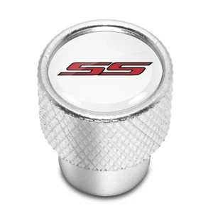 Chevrolet Camaro SS Logo White on Shining Silver Aluminum Tire Valve Stem Caps - Picture 1 of 5