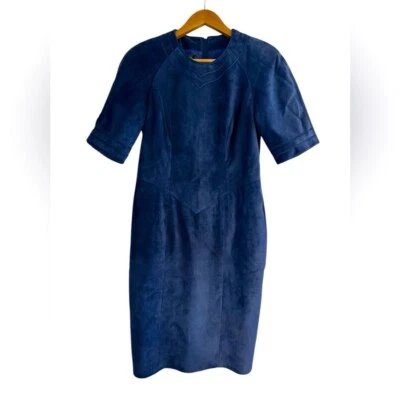 Danier Deep Blue Suede Leather Sheath Midi Dress Modern Western Old Money - Image 1 of 4