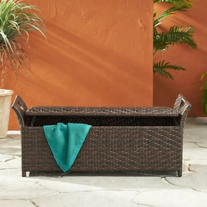 42" Rattan Outdoor Box Storage Bench Deck Patio Ottoman Footstool Brown - Picture 1 of 12