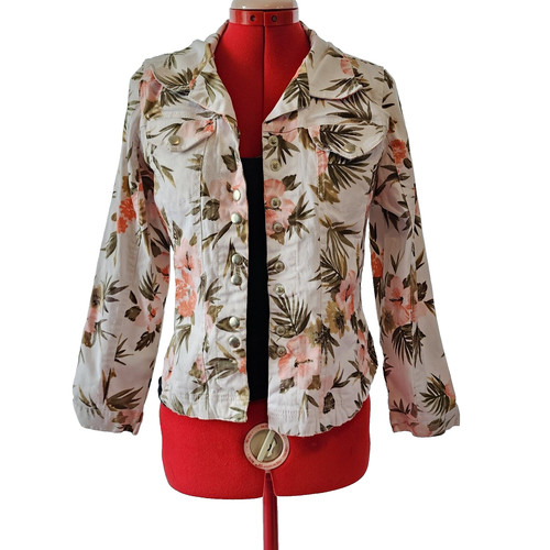 VETEMENTS TANZARA Giacca Corta Denim Bianco Floreale Tasche a Scatto Taglia S