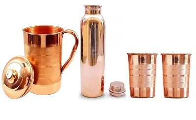 100% Pure Copper Water Jug Pitcher Pot Glass Bottle Beautiful Handmade Gift Set - Image 1 of 4