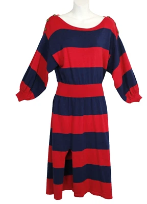 Vestido suéter tejido a rayas Free People para mujer XS rojo azul cuello barco manga globo Foto 1 de 4