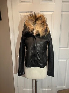 Andrew Marc leather biker jacket with rabbit fur Brown Size P - Picture 1 of 21