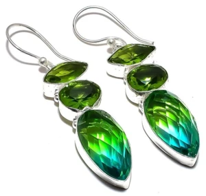 Bi-Color Tourmaline Gemstone 925 Sterling Silver Handmade Jewelry Earrings - Picture 1 of 9