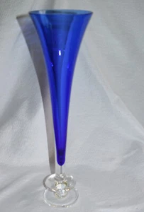 Vintage Blown Cobalt Blue Glass Trumpet Vase Clear Base & Ringed Stem-11" - Picture 1 of 4