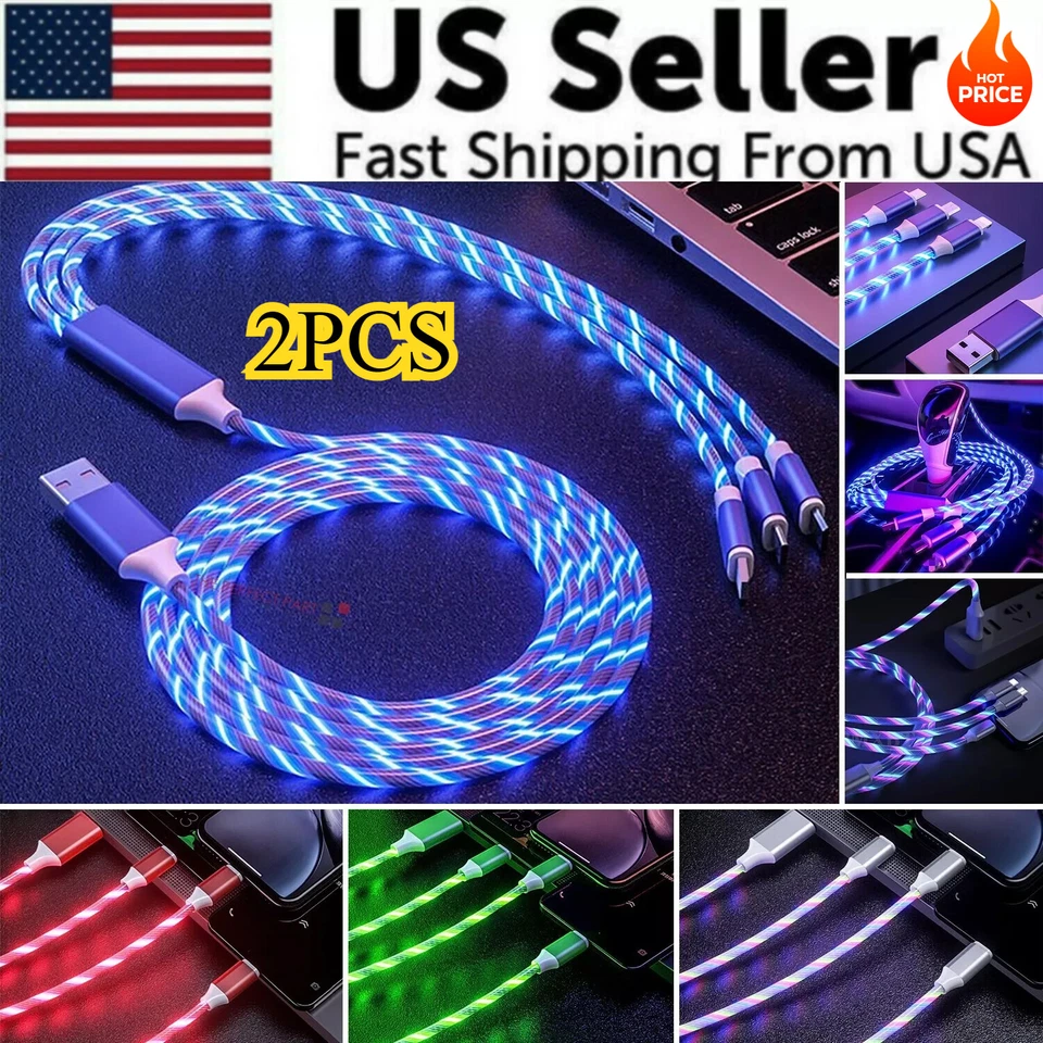 Adaptador de cabo LED 2X3 em 1 LED carregamento rápido para iPhone micro USB tipo C carregador - Imagem 1 de 4