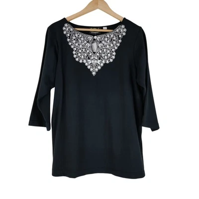 Top Pullover Bob Mackie Negro Manga 3/4 Adornado Bordado Estrás Talla L Foto 1 de 4