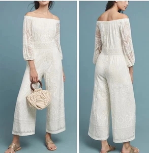 Anthropologie Farm Rio Jumpsuit XXS P Elliot Lace Off Shoulder Wide Leg Ivory - Picture 1 of 8