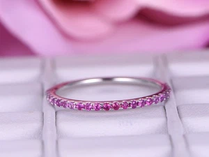 0.25 Ct Round Cut Natural Ruby & Diamond Wedding Eternity Band 18K White Gold 6 - Picture 1 of 7