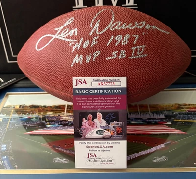 Len Dawson Autografiado NFL Fútbol Certificado de Autenticidad JSA HOF e Inscripciones MVP Foto 1 de 3