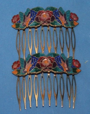 Par de peines de metal vintage de rosas Cloisonne y mariposas tono dorado Foto 1 de 2