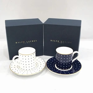 RALPH LAUREN HOME Demitasse Cup & Saucer Pair Set Dot Pattern Navy White Used - Picture 1 of 24