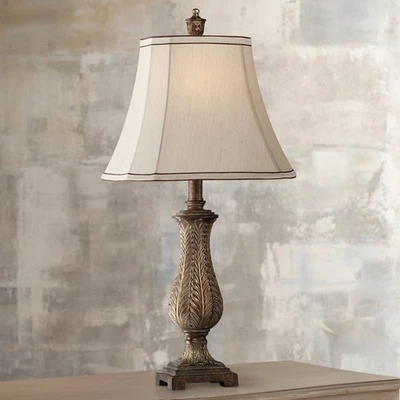 Traditional Table Lamp Old Oak Antique Vase Beige Shade for Living Room Bedroom - Image 1 of 4
