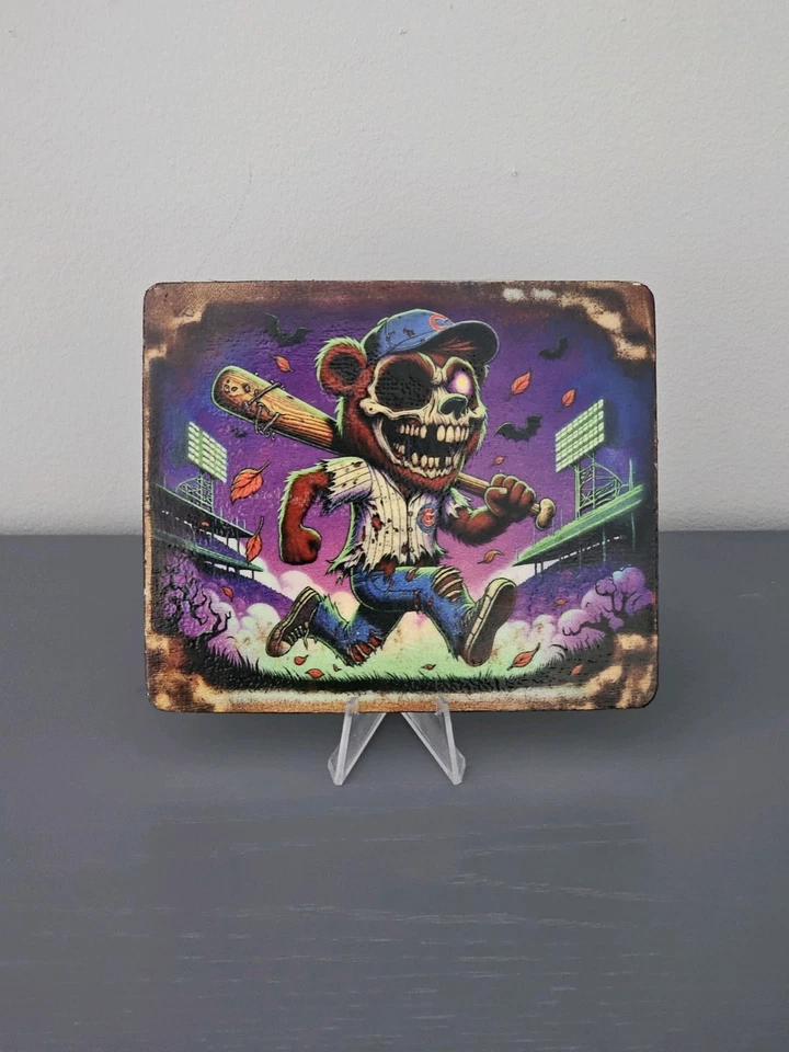 CHICAGO CUBS BASEBALL SPOOKY ZOMBIE CUB BEAR 6X5 FALL HALLOWEEN HOME DECOR SIGN - Image 1 of 1