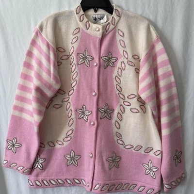复古 Grandma Core 粉色/白色花朵毛衣 XL 码带闪亮 — 第 1/4 张图片