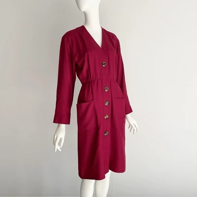 Yves Saint Laurent YSL Vintage 1990s Berry Red Raw Silk Classic Dress Size 36 - Image 1 of 4