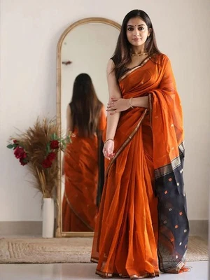Orange & Gold Banarasi Silk Cotton Saree with Woven Zari Border — Unstitched Blo - Image 1 of 4