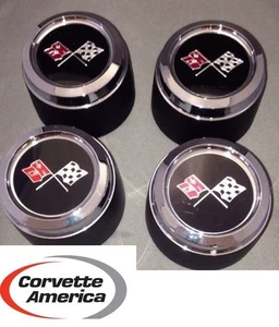 4Pc Fits 73-79 C3 Corvette Cross Flag Logo Wheel Hub Aluminum Center Caps Black - Picture 1 of 2