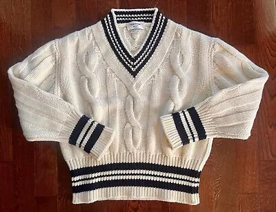 THOM BROWNE Wool Tennis Cricket Sweater White Black Trim 1 Oversized Fits Medium - Image 1 of 4