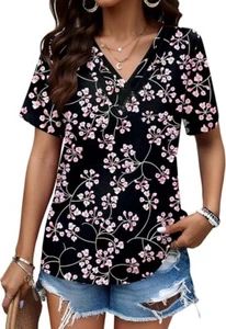 Women Floral Short Sleeve Loose Fit V Neck Blouse Summer Casual Shirt Tunic Tops - Picture 1 of 3
