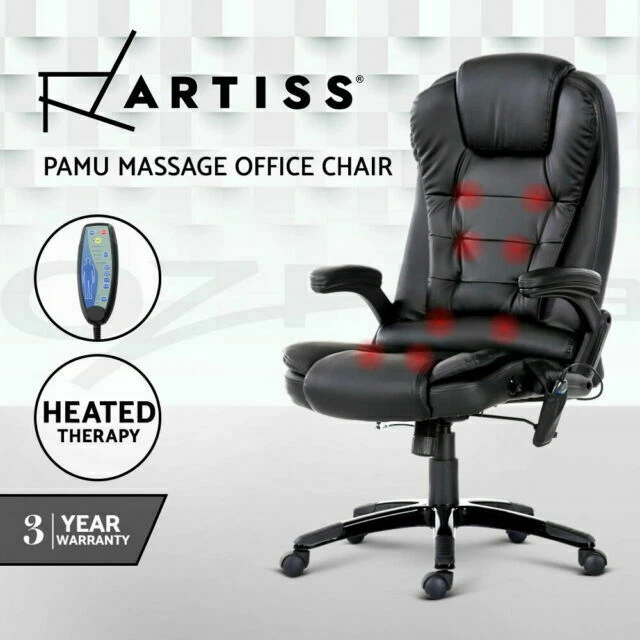 Artiss 8 Point PU Leather Reclining Massage S-shaped Rotatable Office Chair - Black